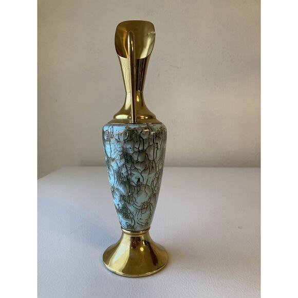 Vintage Delft Green Hand Painted Marble Style Pitcher with Brass - Picture 2 of 7